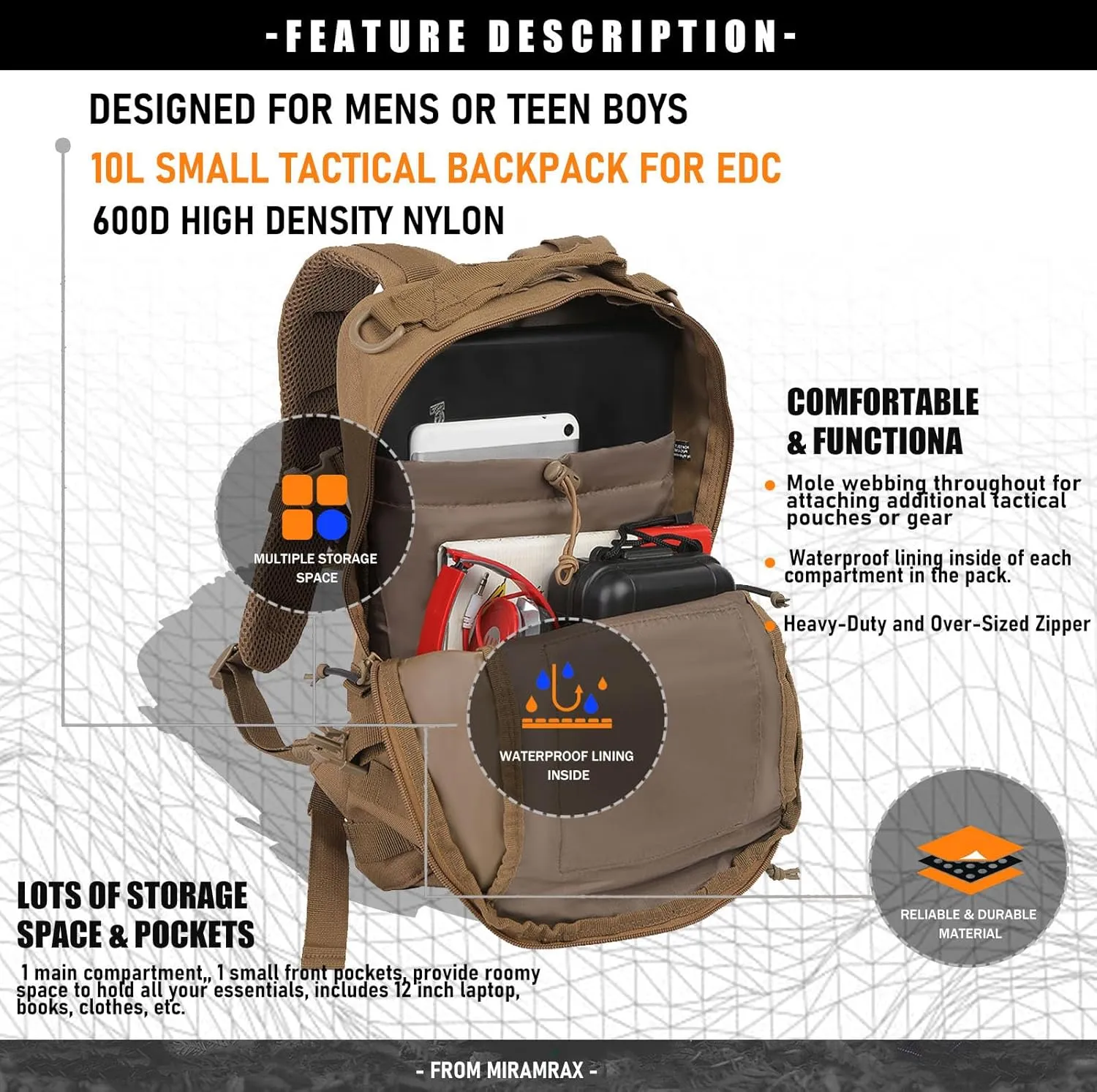 12L Small Backpack Day Pack - Mini Tactical Backpacks Military Daypack Molle Bag Rucksack Bug Out Bag for Hiking Camping Trekking (Tan)