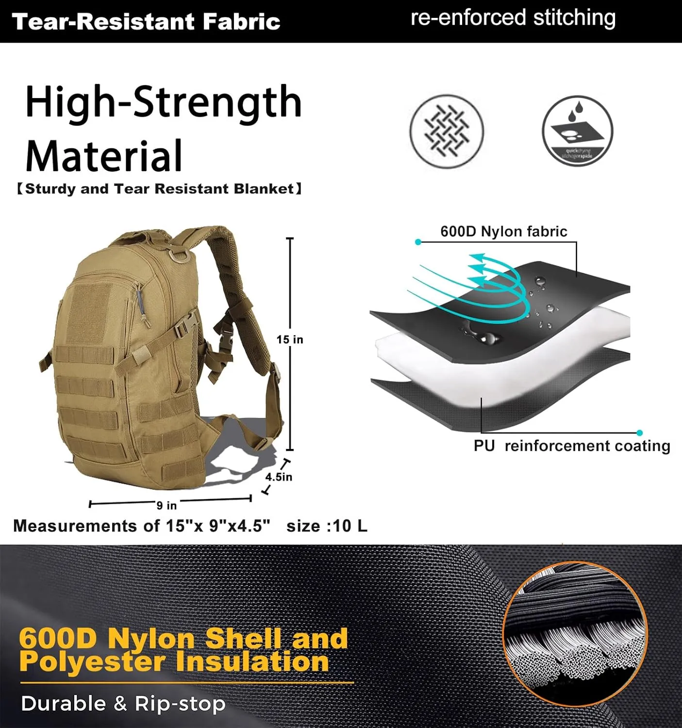 12L Small Backpack Day Pack - Mini Tactical Backpacks Military Daypack Molle Bag Rucksack Bug Out Bag for Hiking Camping Trekking (Tan)