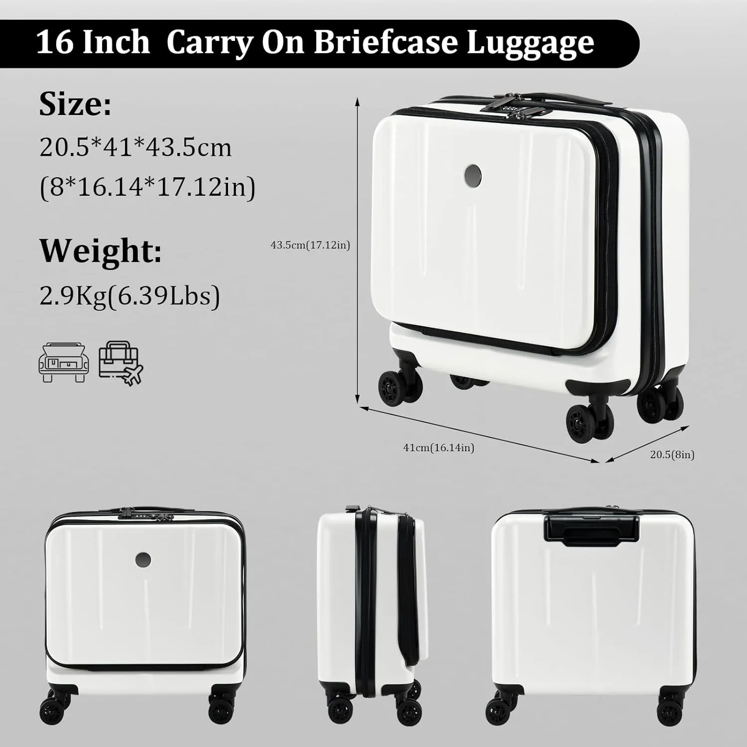 16 Inch Carry On Luggage with 2 Compartments for 14 & 15 Laptop, 16.14*8*17.12 Rolling Briefcase, Lightweight Hardshell ABS PC Suitcase with Spinner Silent Wheels, for Business Trip, Milky White