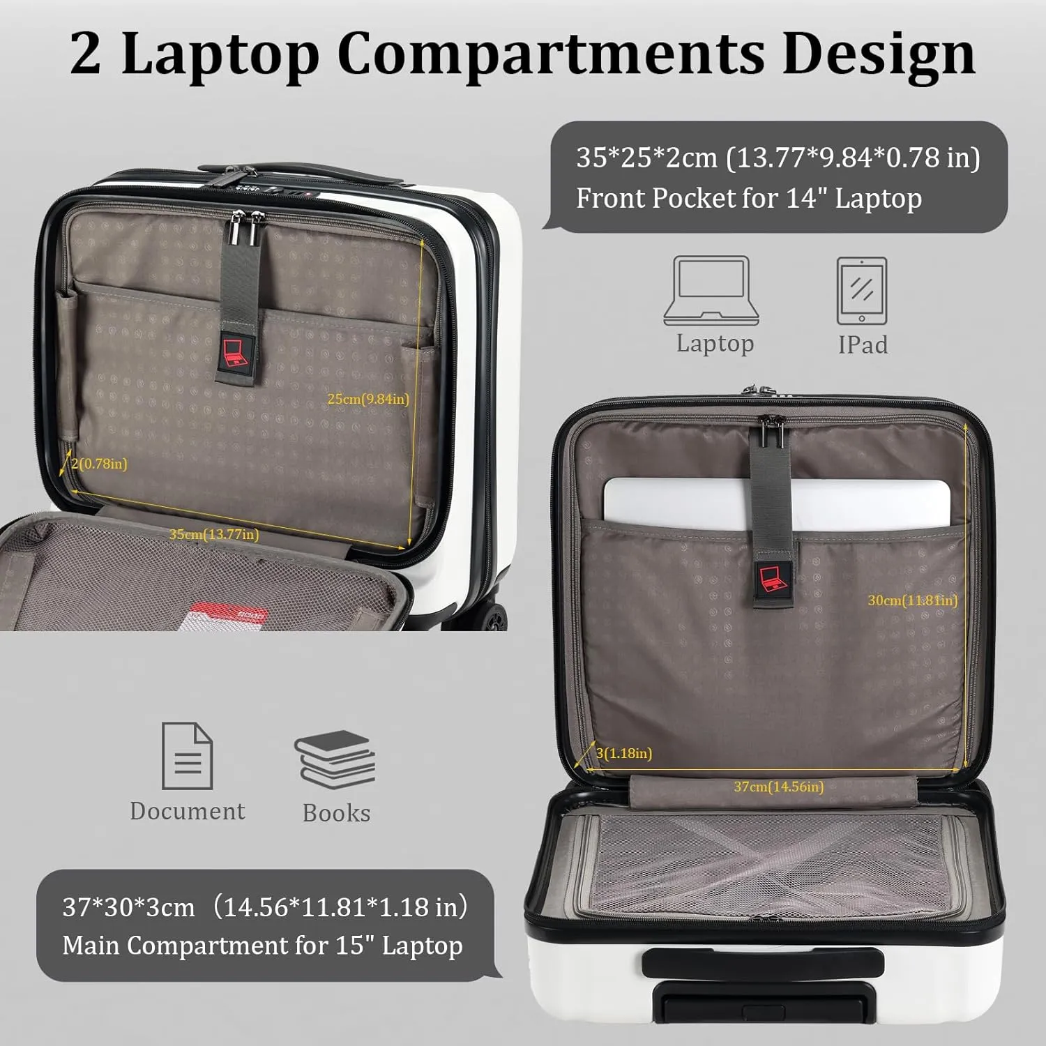 16 Inch Carry On Luggage with 2 Compartments for 14 & 15 Laptop, 16.14*8*17.12 Rolling Briefcase, Lightweight Hardshell ABS PC Suitcase with Spinner Silent Wheels, for Business Trip, Milky White