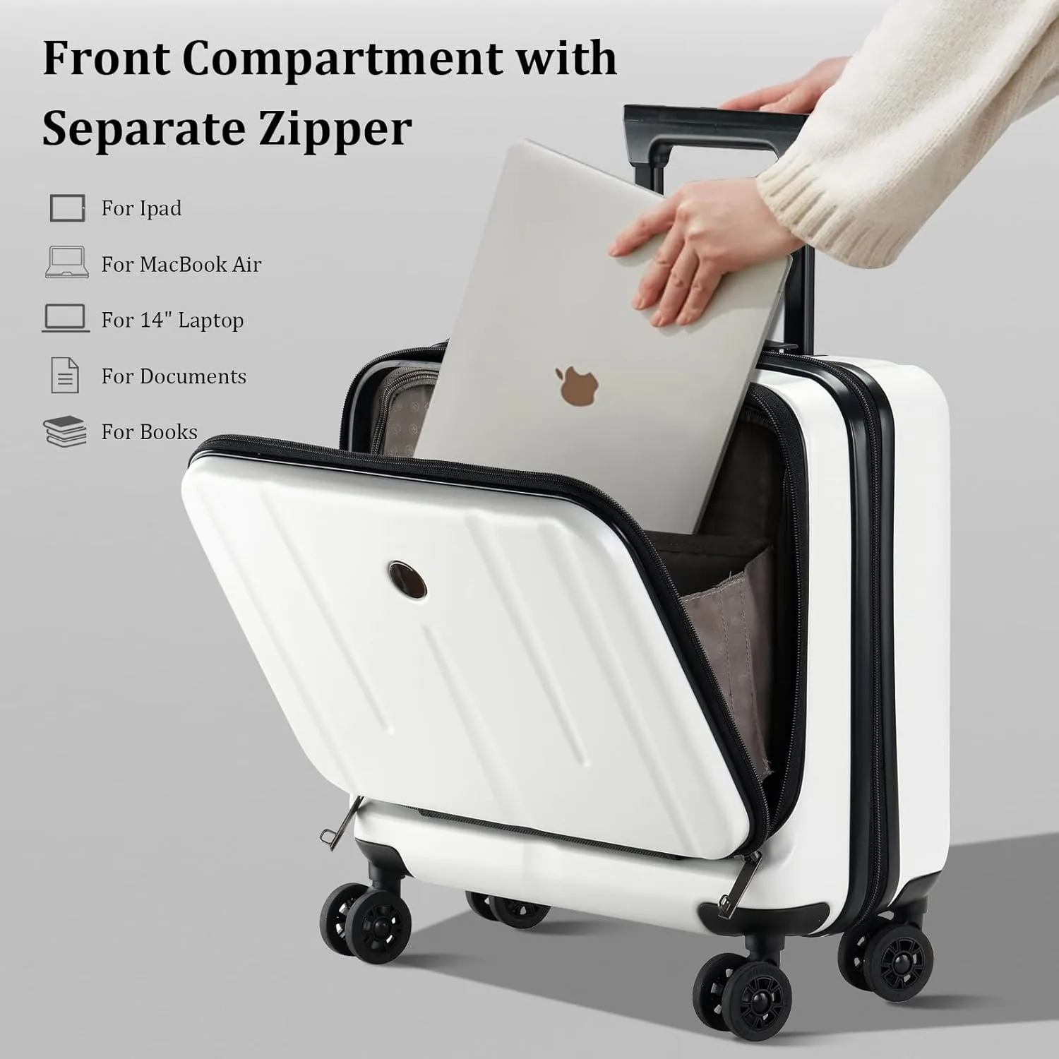 16 Inch Carry On Luggage with 2 Compartments for 14 & 15 Laptop, 16.14*8*17.12 Rolling Briefcase, Lightweight Hardshell ABS PC Suitcase with Spinner Silent Wheels, for Business Trip, Milky White