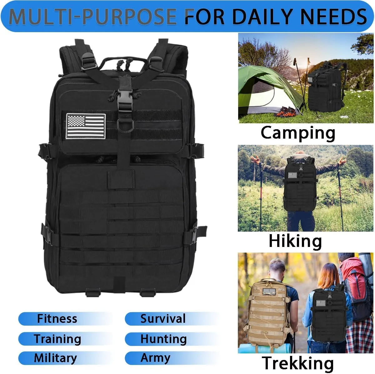 45L Military Tactical Backpacks Lage Molle Backpack 3 Day Assault Pack Backpack Camping Hiking Rucksack Bug Out Bag Rucksack