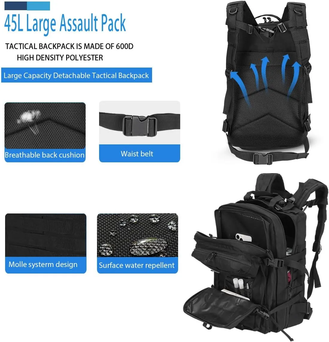 45L Military Tactical Backpacks Lage Molle Backpack 3 Day Assault Pack Backpack Camping Hiking Rucksack Bug Out Bag Rucksack