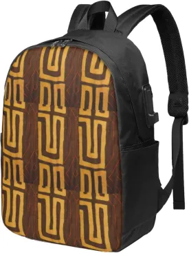 Afrocentric Mud Usb Travel Laptop Backpack  Durable Polyester Backbag With Charging Port & Headphone Jack