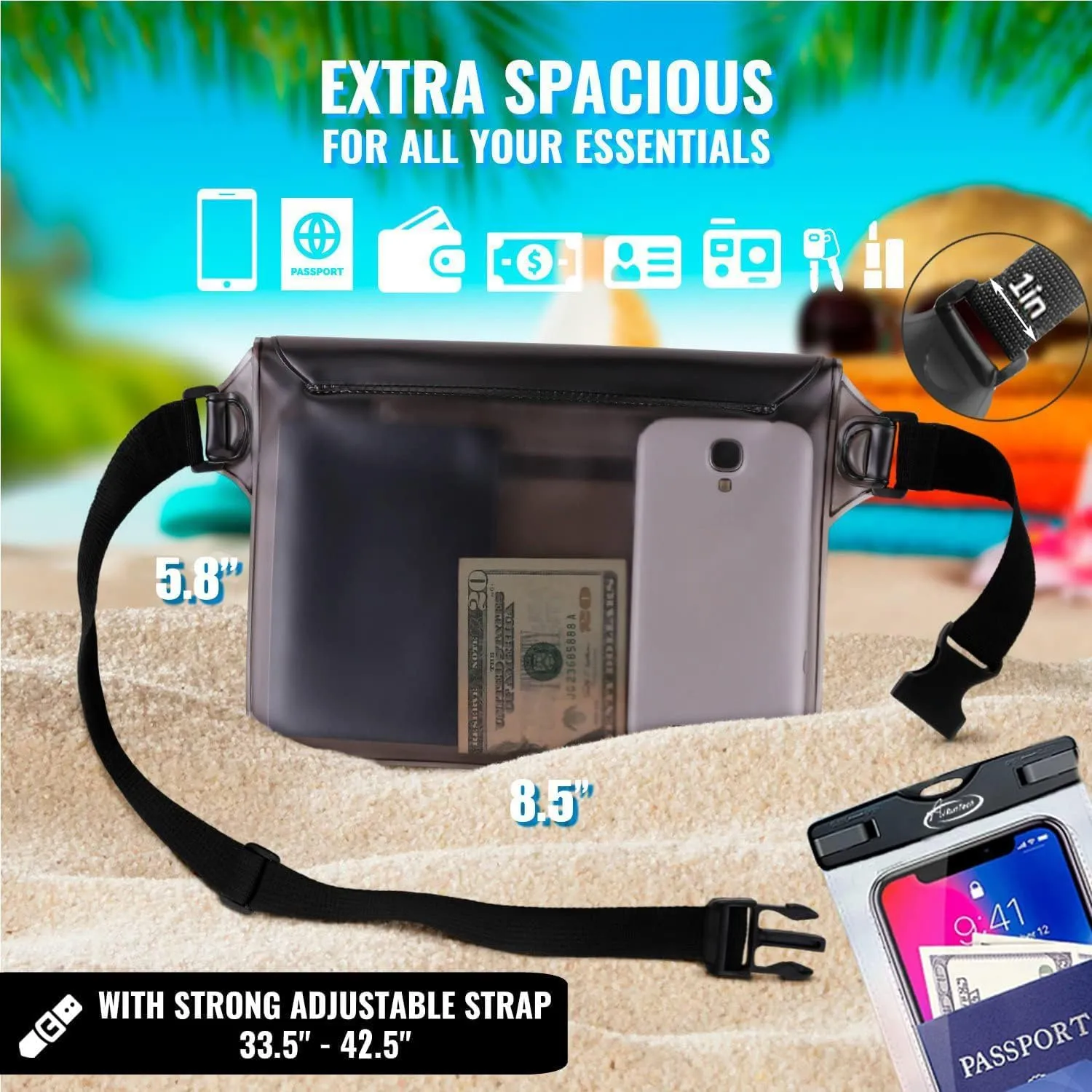 AiRunTech Waterproof Dry Bag and Waterproof Cell Phone Bag for Outdoor Water Sports, Boating, Hiking,Kayaking,Fishing (2 * Phone case(Clear)   2 * Fanny Pack(Black Gray))