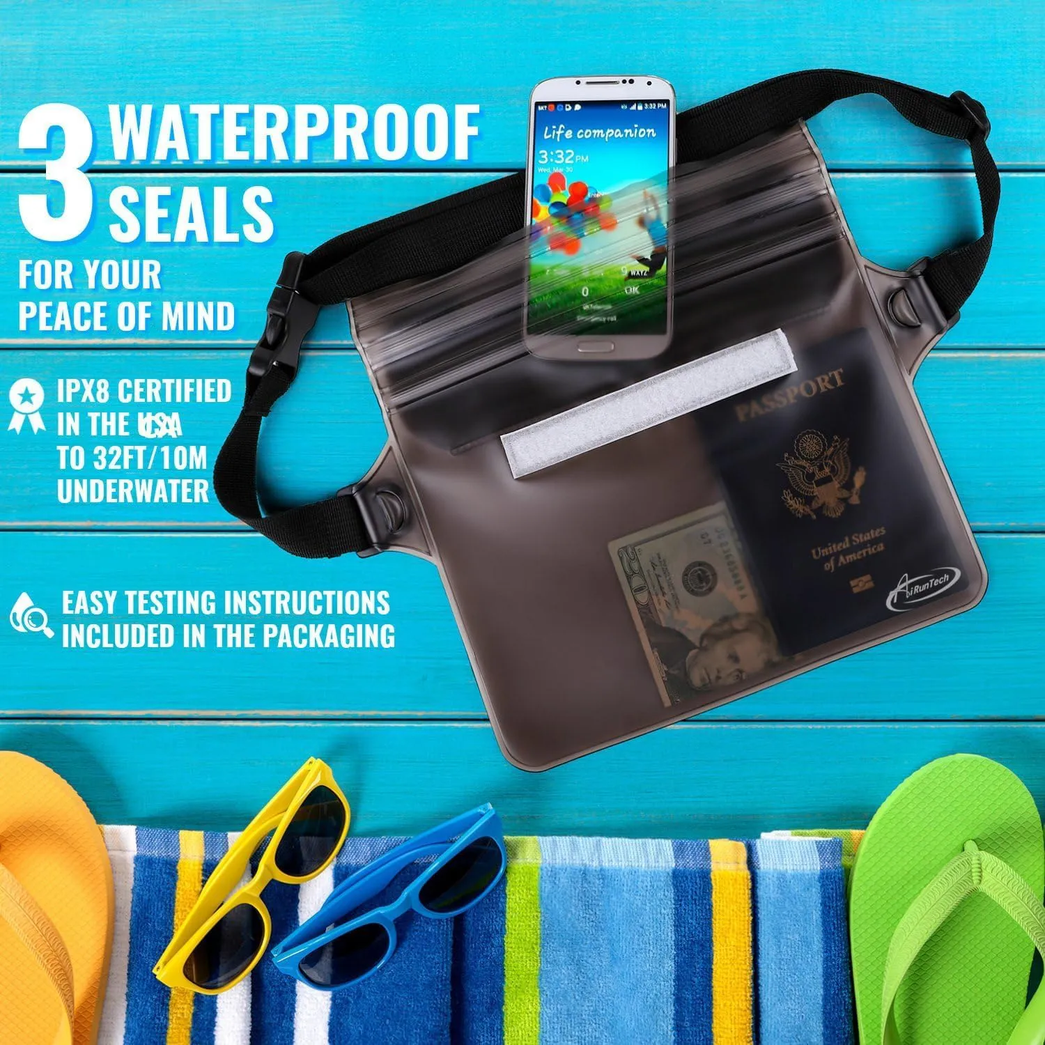 AiRunTech Waterproof Dry Bag and Waterproof Cell Phone Bag for Outdoor Water Sports, Boating, Hiking,Kayaking,Fishing (2 * Phone case(Clear)   2 * Fanny Pack(Black Gray))
