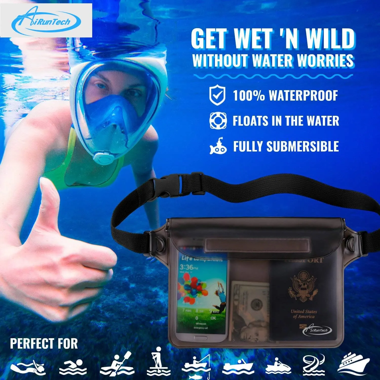 AiRunTech Waterproof Dry Bag and Waterproof Cell Phone Bag for Outdoor Water Sports, Boating, Hiking,Kayaking,Fishing (2 * Phone case(Clear)   2 * Fanny Pack(Black Gray))