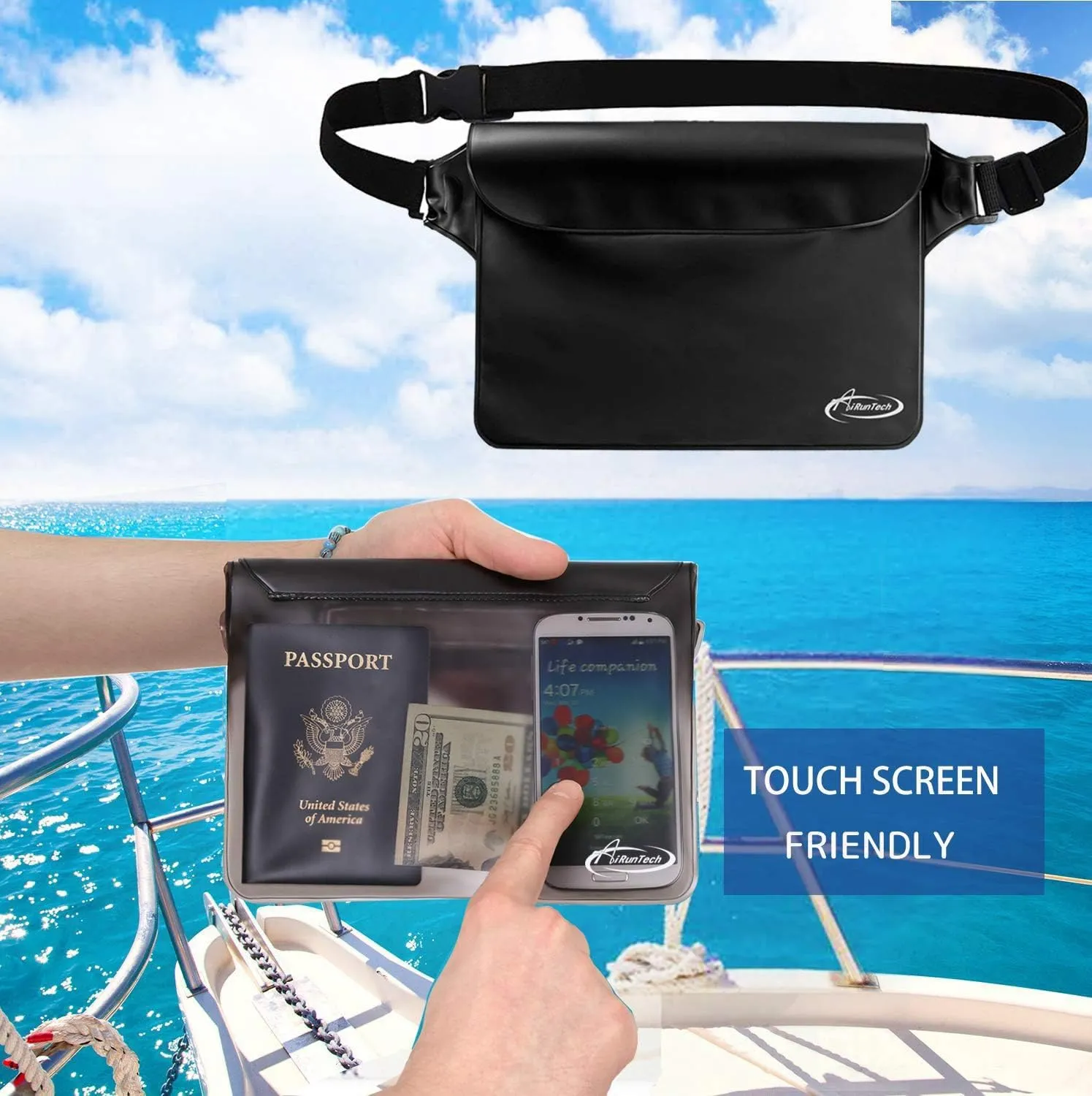 AiRunTech Waterproof Dry Bag and Waterproof Cell Phone Bag for Outdoor Water Sports, Boating, Hiking,Kayaking,Fishing (2 * Phone case(Clear)   2 * Fanny Pack(Black Gray))