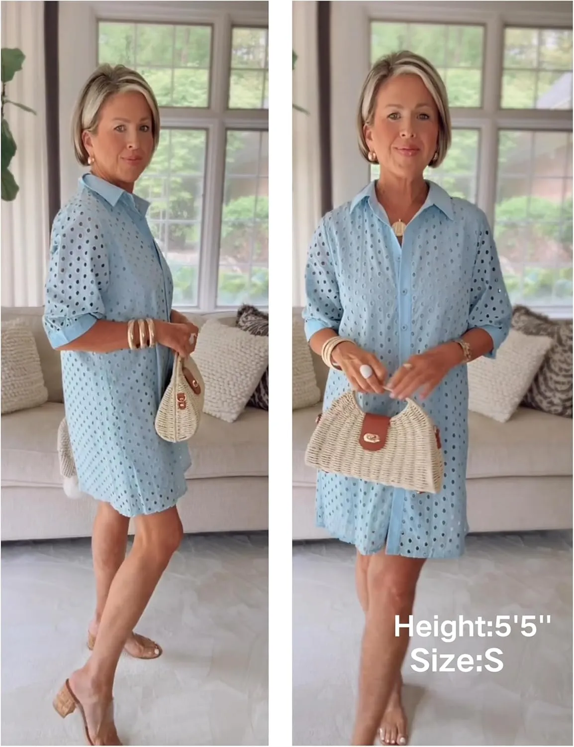 AMEBELLE Womens Summer Shirt Dress Eyelet Hollow Out Short Dress with 3/4 Sleeves Button Down Casual Dress Summer Beach Dress
