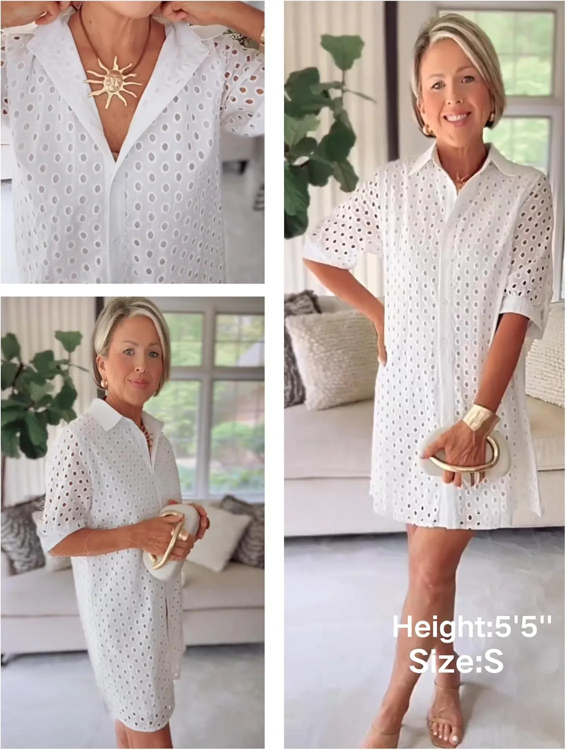 AMEBELLE Womens Summer Shirt Dress Eyelet Hollow Out Short Dress with 3/4 Sleeves Button Down Casual Dress Summer Beach Dress