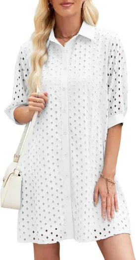 AMEBELLE Womens Summer Shirt Dress Eyelet Hollow Out Short Dress with 3/4 Sleeves Button Down Casual Dress Summer Beach Dress