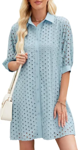 AMEBELLE Womens Summer Shirt Dress Eyelet Hollow Out Short Dress with 3/4 Sleeves Button Down Casual Dress Summer Beach Dress