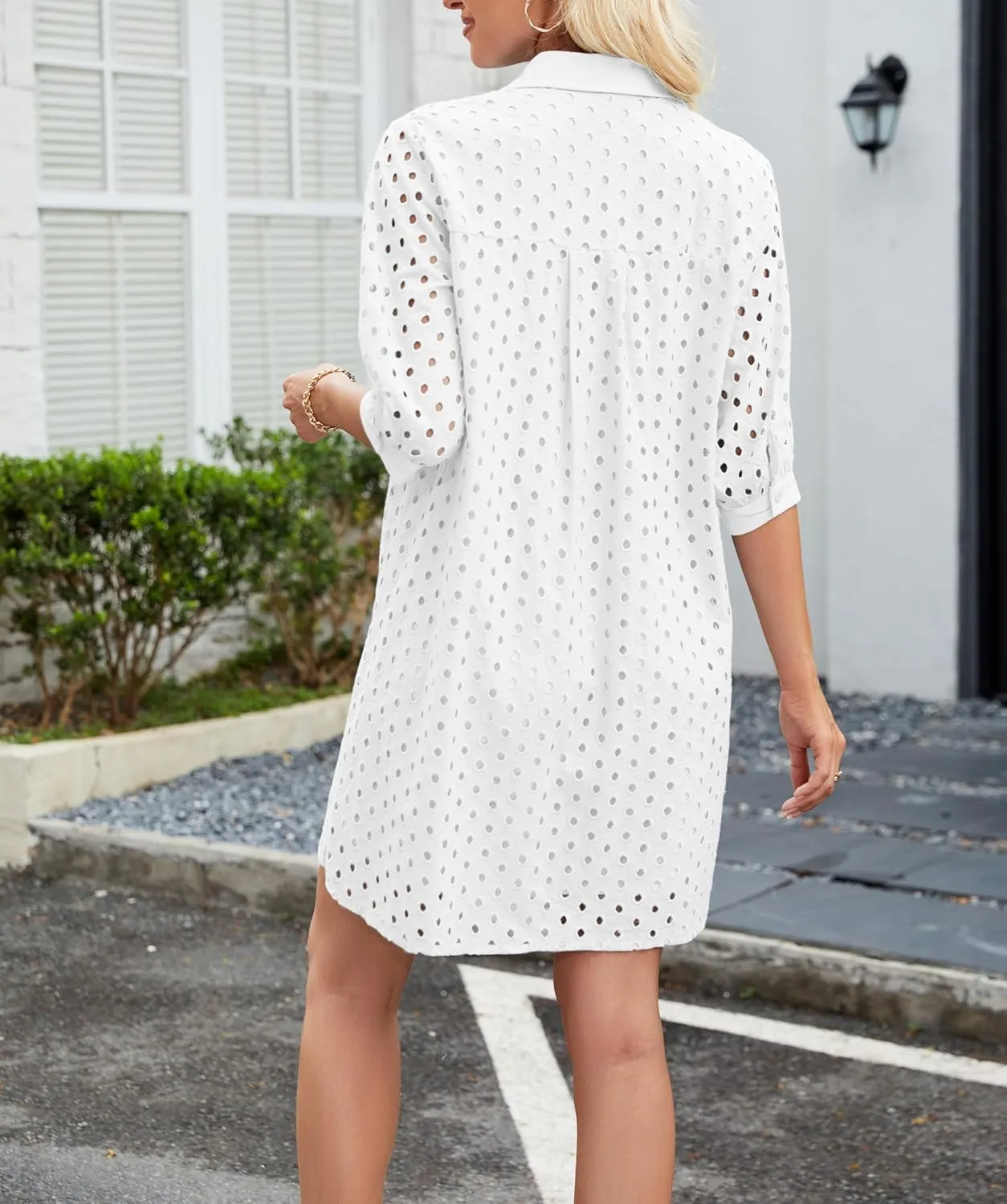 AMEBELLE Womens Summer Shirt Dress Eyelet Hollow Out Short Dress with 3/4 Sleeves Button Down Casual Dress Summer Beach Dress