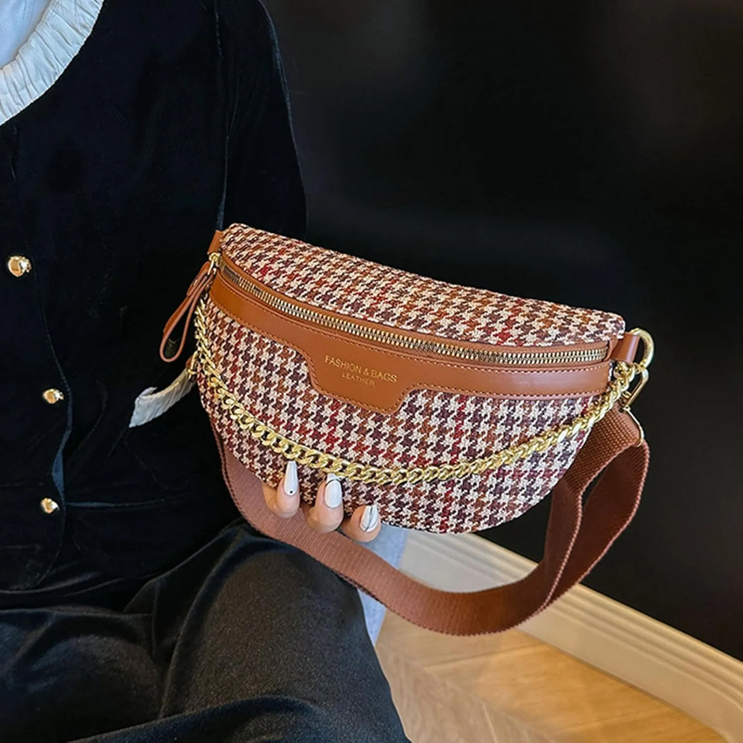AuSion Fashion Leather Crossbody Fanny Pack for Women  Lightweight Waist Chest Bag with Wide Strap, Ideal for Travel, Festivals and Casual Outings