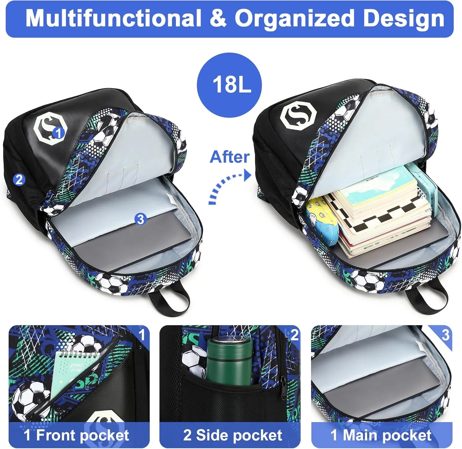 Backpack for Kids Boys Girls Bookbag 17 Inch Elementary School Bags Primary Laptop Rucksack for Teens TravelGraffiti-Football Black)