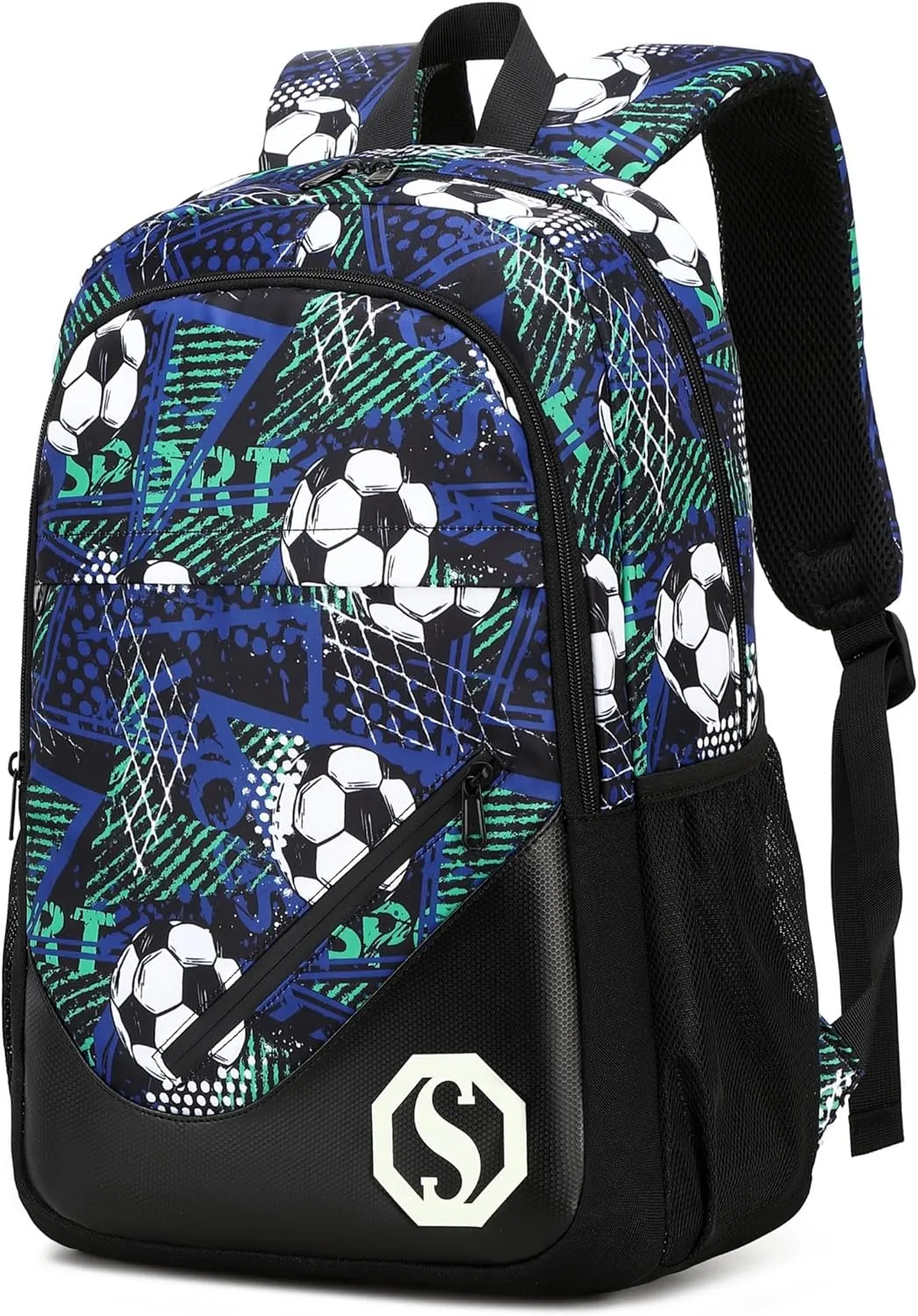 Backpack for Kids Boys Girls Bookbag 17 Inch Elementary School Bags Primary Laptop Rucksack for Teens TravelGraffiti-Football Black)