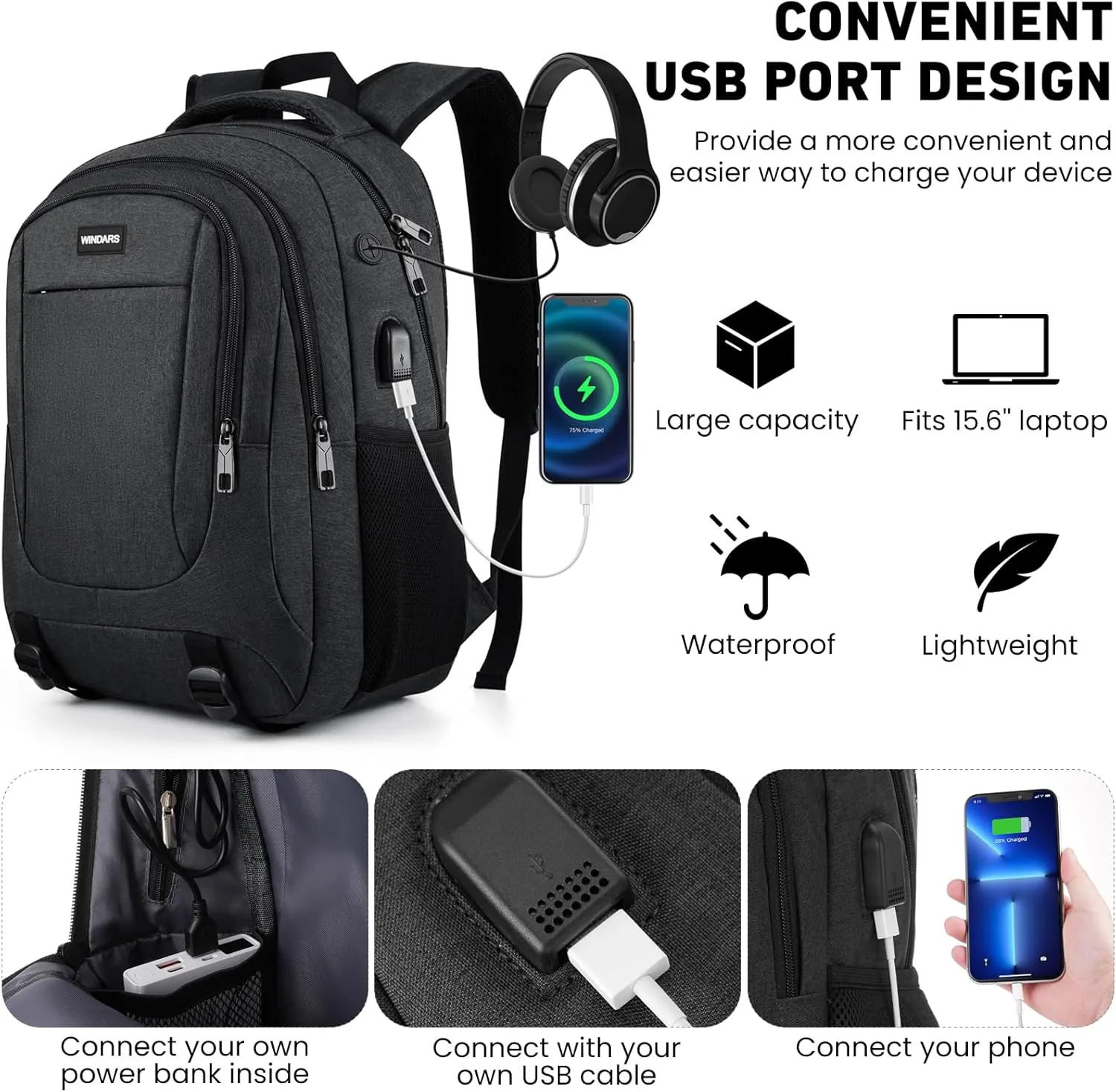 Backpack for Men and Women, School Backpacks for Teens Boys, 15.6 Inch Large College Bookbag Durable Computer Laptop Bag with USB Charger Port for Business Work Travel, Black