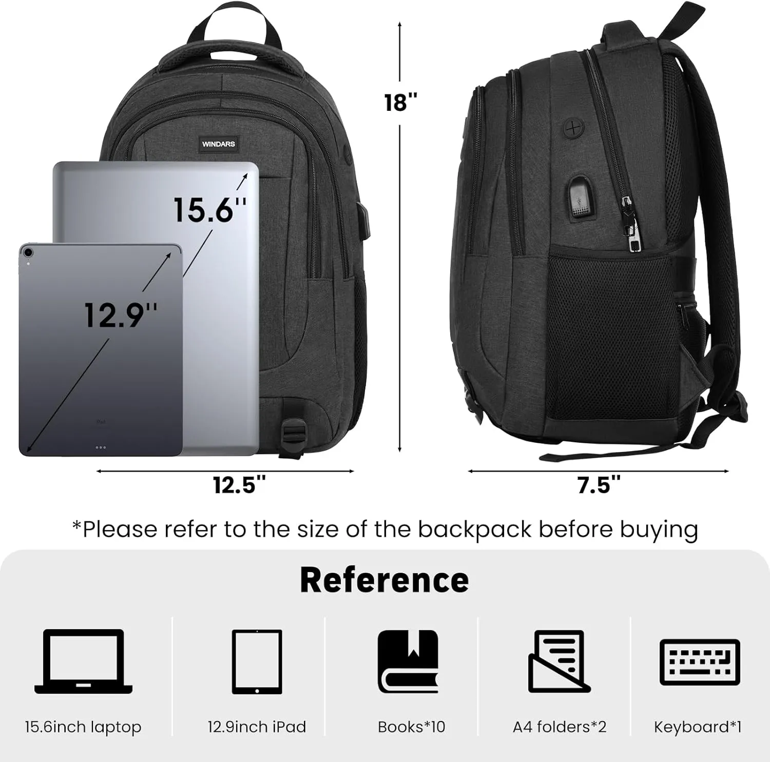 Backpack for Men and Women, School Backpacks for Teens Boys, 15.6 Inch Large College Bookbag Durable Computer Laptop Bag with USB Charger Port for Business Work Travel, Black