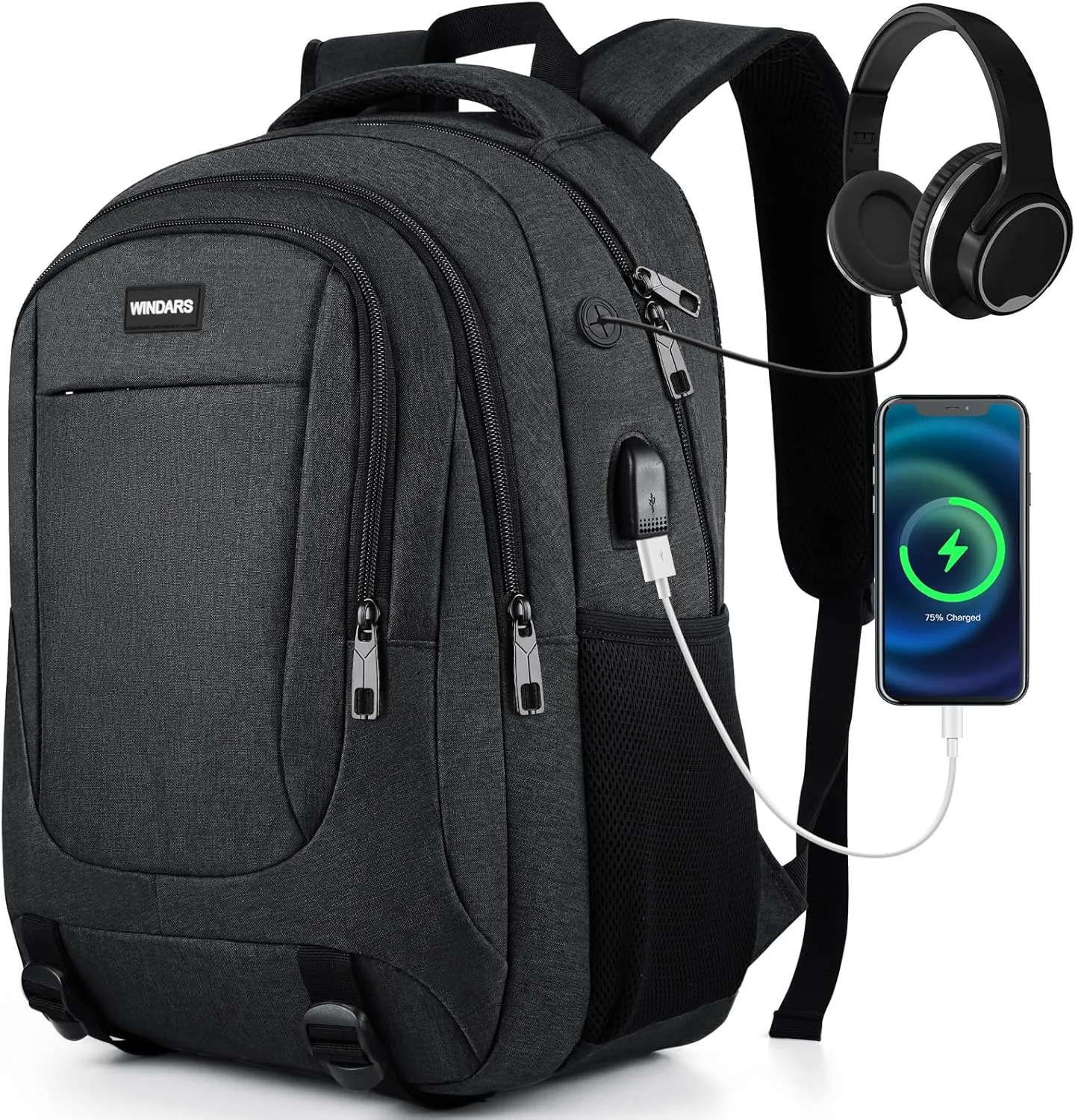 Backpack for Men and Women, School Backpacks for Teens Boys, 15.6 Inch Large College Bookbag Durable Computer Laptop Bag with USB Charger Port for Business Work Travel, Black