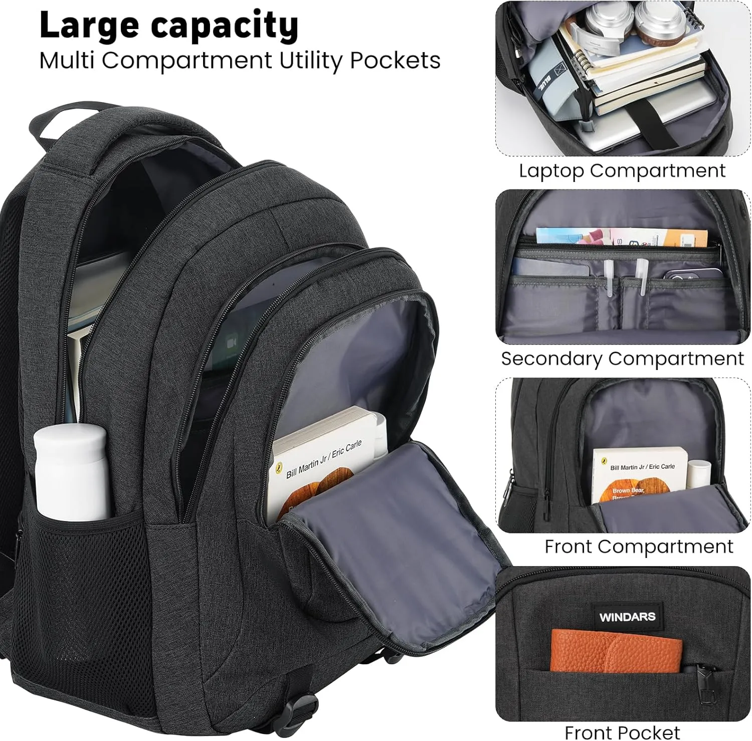 Backpack for Men and Women, School Backpacks for Teens Boys, 15.6 Inch Large College Bookbag Durable Computer Laptop Bag with USB Charger Port for Business Work Travel, Black
