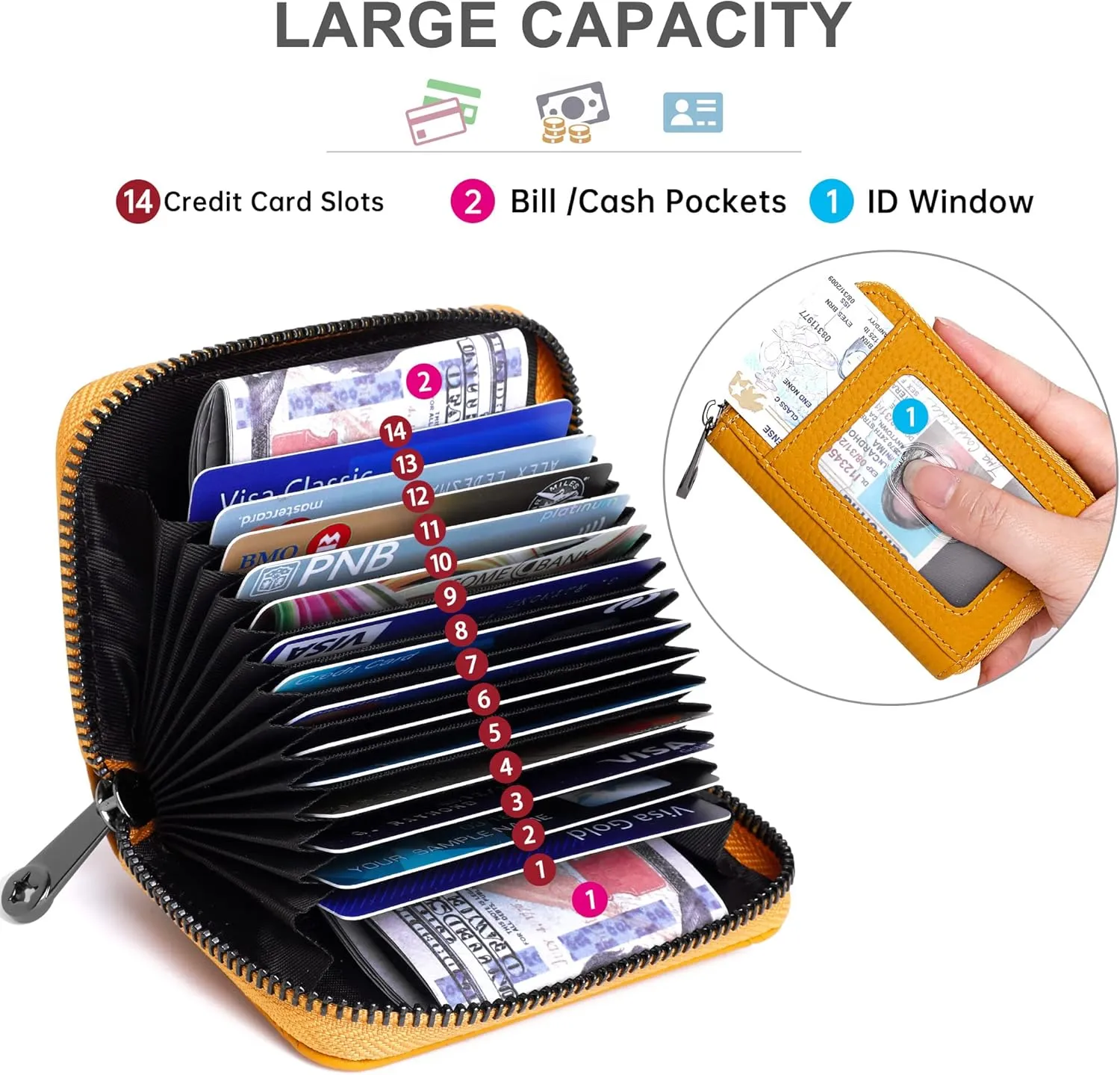 Badiya Genuine Leather Credit Card Holder RFID Blocking Accordion Small Card Case Wallet Zip Coin Purse for Women Men