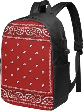 Bandana Red Usb Travel Laptop Backpack  Durable Polyester Backbag With Charging Port & Headphone Jack