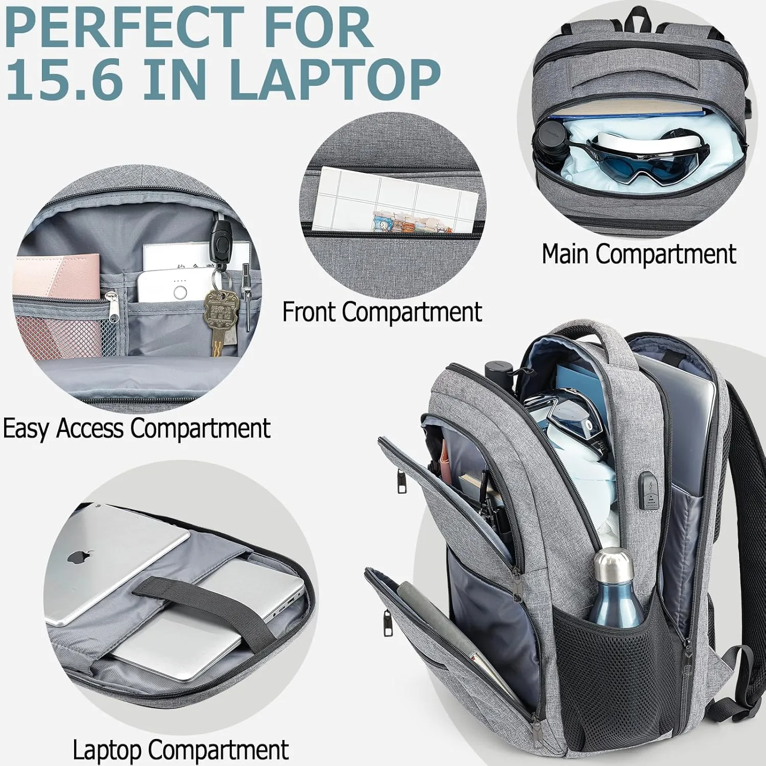 BIKROD Backpack for Men, TSA Travel Backpack, College Backpacks Water Resistant Back Pack with USB Charging Port, Business Anti Theft Durable Computer Bag Gifts Fits 15.6 Inch Laptop, Grey