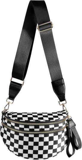 Black and White Checkered Crossbody Bag Bum Bag for Women,Spacious Checkered Purse Fanny Packs Belt Bag