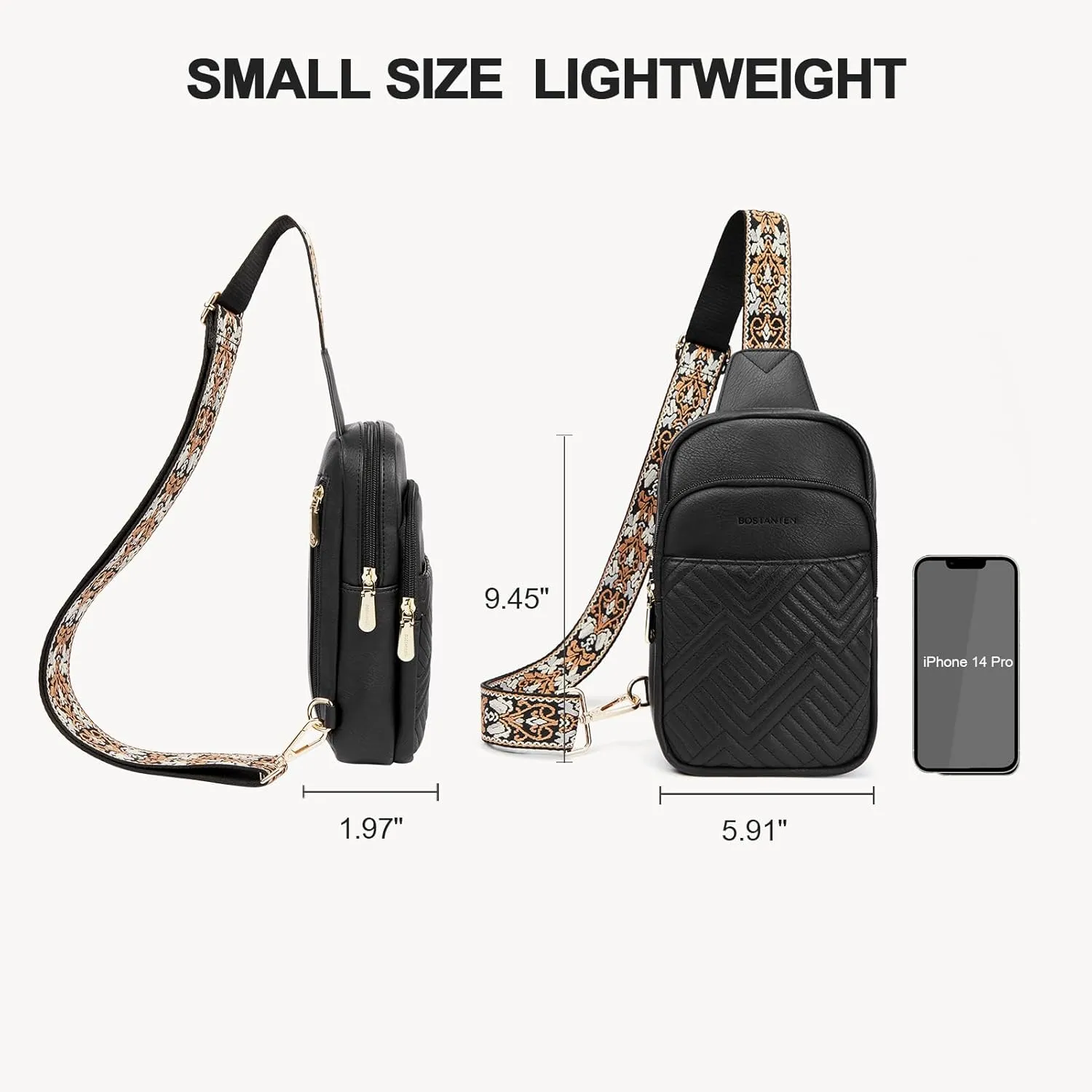 BOSTANTEN Sling Bag Quilted Crossbody Bags for Women Cross Body Purse Leather Fanny Pack with Adjustable Guitar Strap