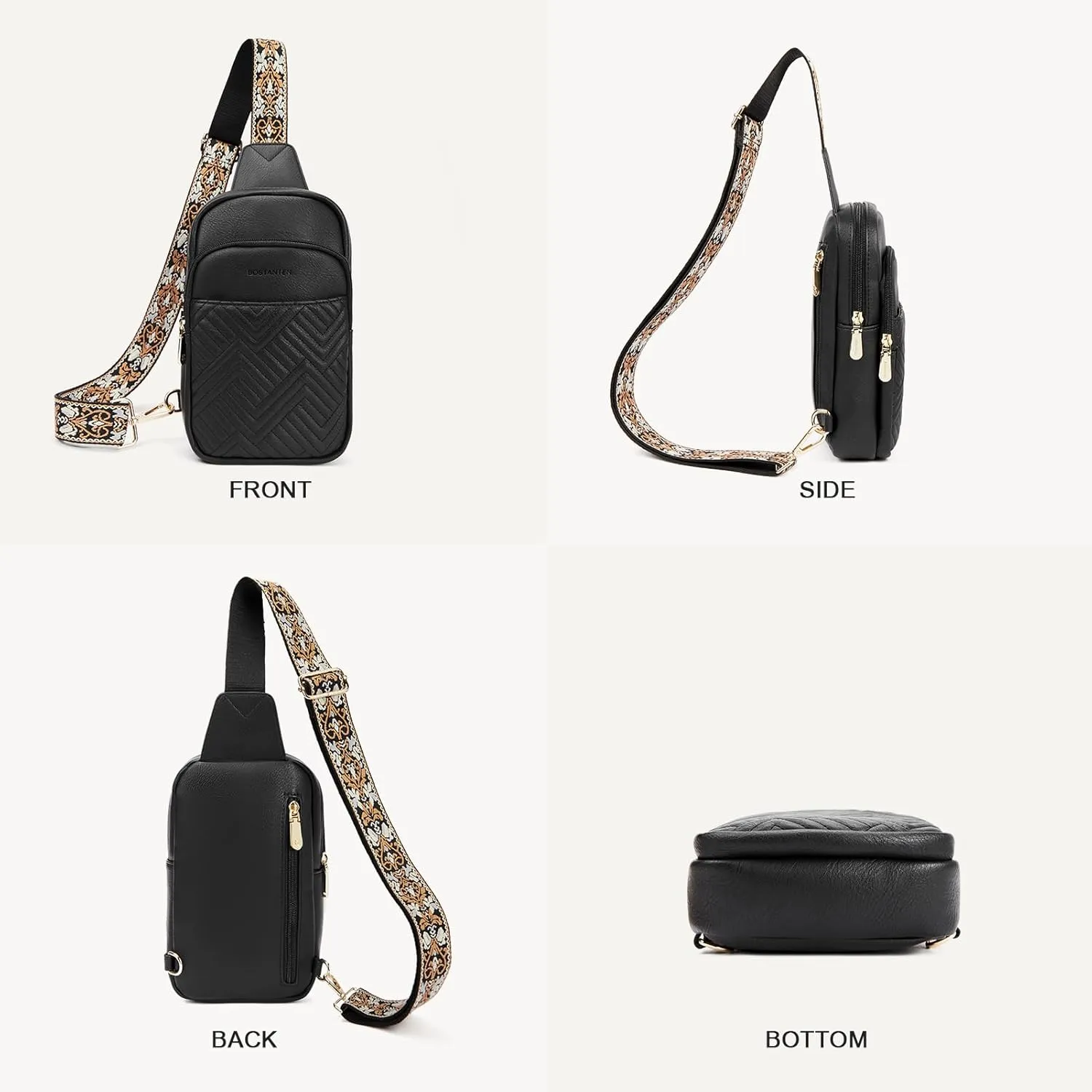 BOSTANTEN Sling Bag Quilted Crossbody Bags for Women Cross Body Purse Leather Fanny Pack with Adjustable Guitar Strap