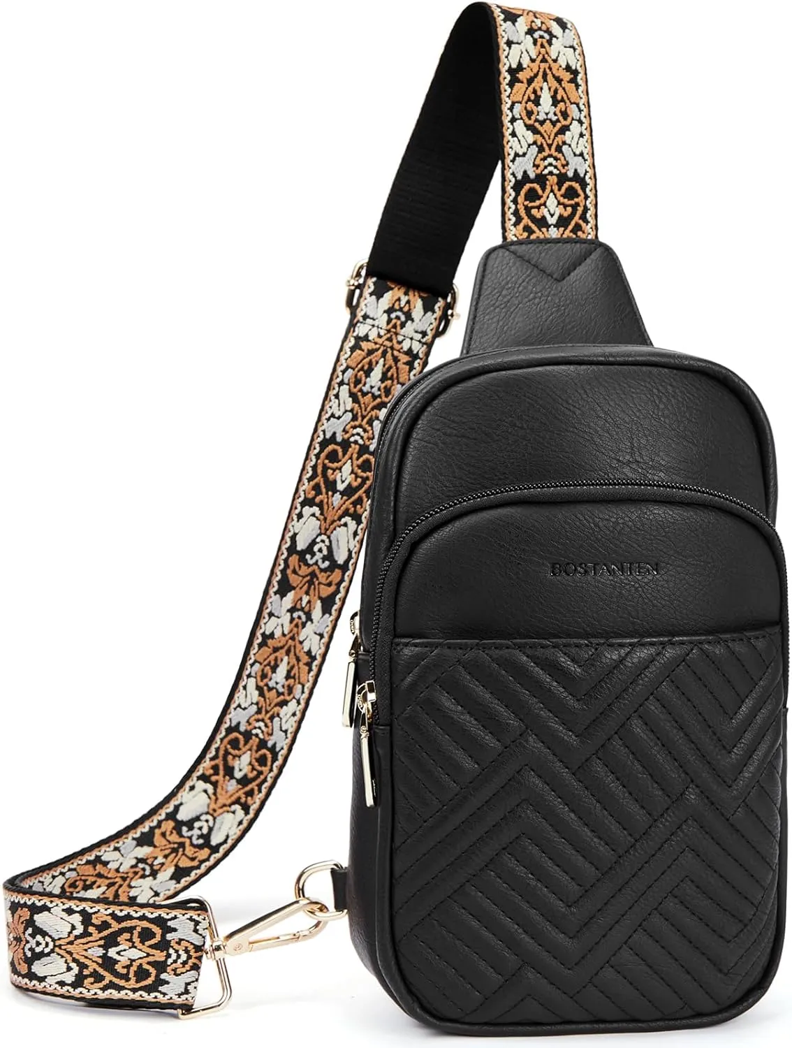 BOSTANTEN Sling Bag Quilted Crossbody Bags for Women Cross Body Purse Leather Fanny Pack with Adjustable Guitar Strap