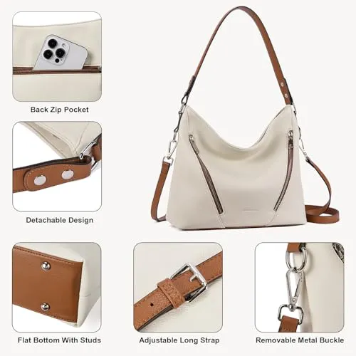 BOSTANTEN Women Purse and Handbag Vegan Leather Shoulder Hobo Bags with Multi Pockets and Removable Strap, Beige with Brown
