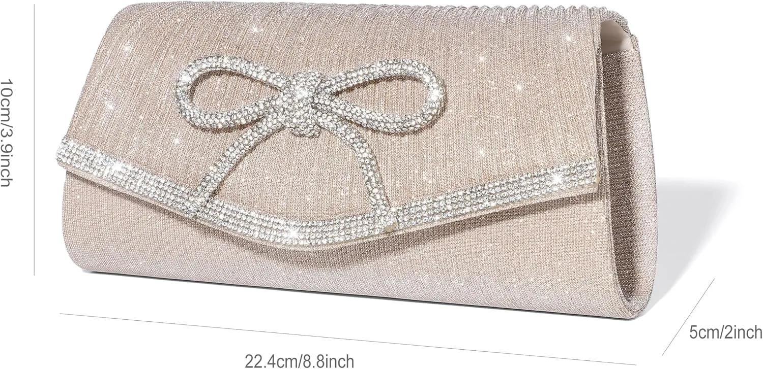 Bow Evening Bag Sparkly Clutch Purses for Women Wedding Glitter Rhinestone Party Prom Purse Dressy Clutch Bags