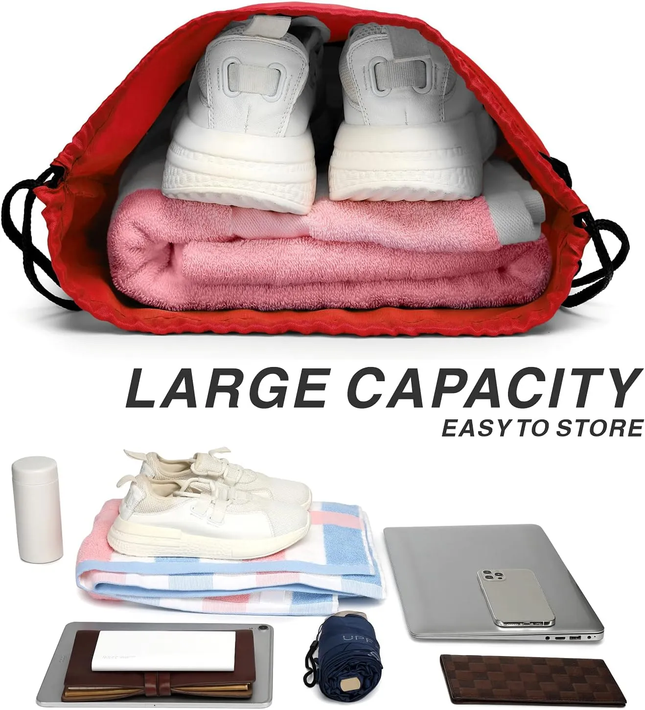 BuyAgain Drawstring Backpack Sports Water Resistant String Bag Sport Gym Sackpack for Women Men Large with Zipper, Red