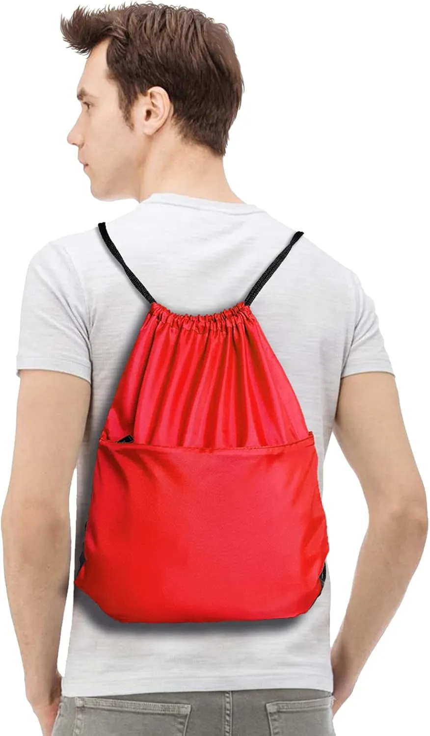 BuyAgain Drawstring Backpack Sports Water Resistant String Bag Sport Gym Sackpack for Women Men Large with Zipper, Red