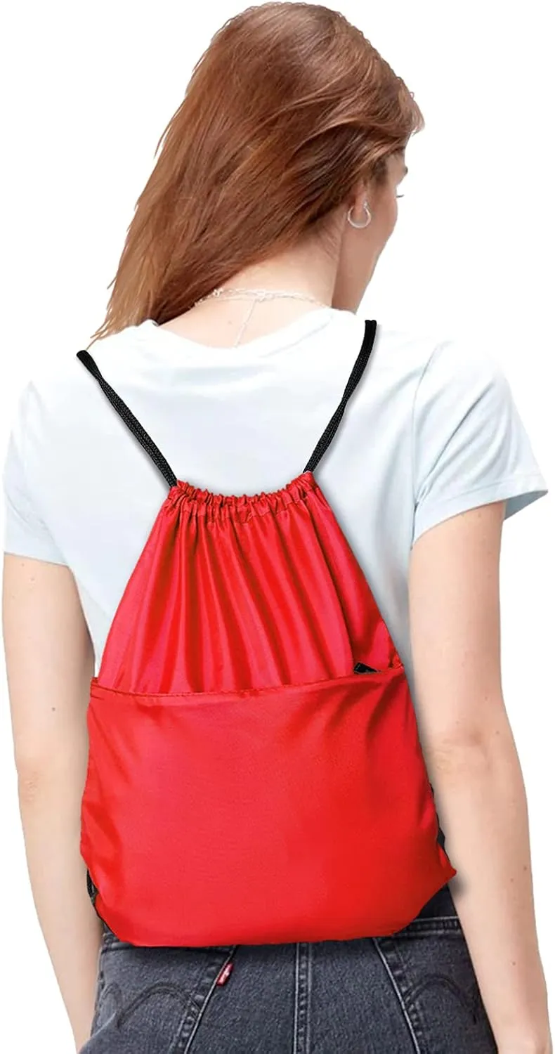 BuyAgain Drawstring Backpack Sports Water Resistant String Bag Sport Gym Sackpack for Women Men Large with Zipper, Red