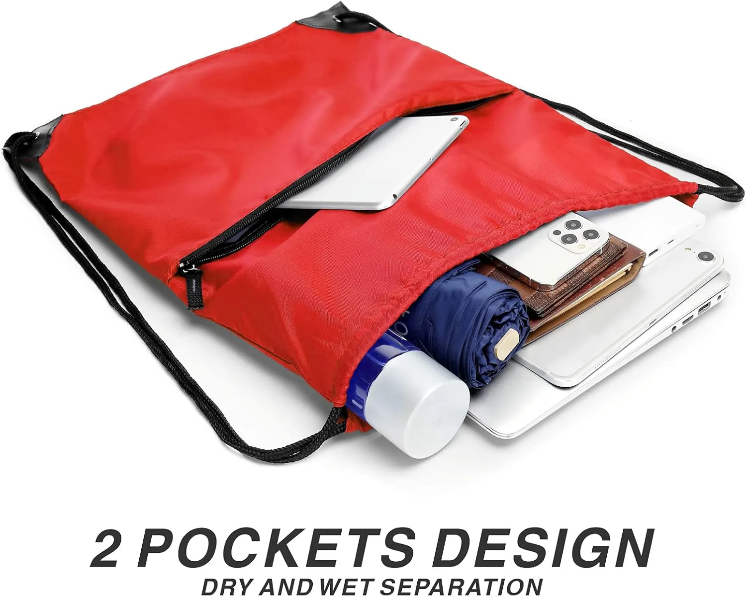 BuyAgain Drawstring Backpack Sports Water Resistant String Bag Sport Gym Sackpack for Women Men Large with Zipper, Red
