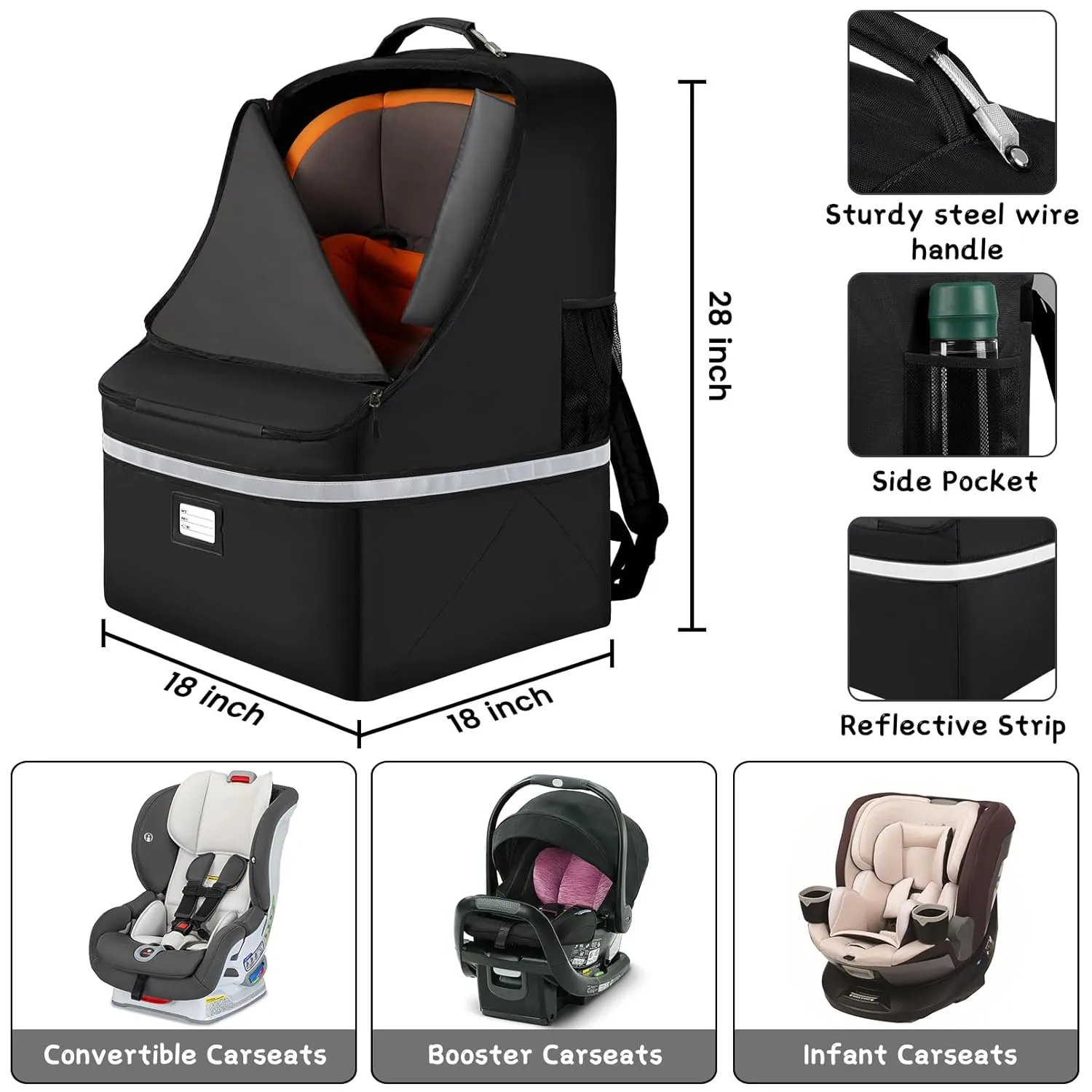 Car Seat Travel Bag,Padded Car Seats Backpack with Steel Cable Handle and Reflective Stripes, Large Durable Carseat Carrier Bag,Airport Gate Check Bag,Infant Seat Travel Bag with Shoulder Strap,Black