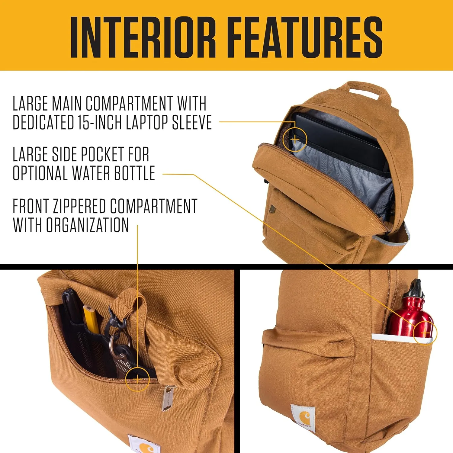 Carhartt 21L Classic Backpack, Water-Resistant Pack W/ 15" Laptop Sleeve and Organizational Compartments, Black, PFAS Free