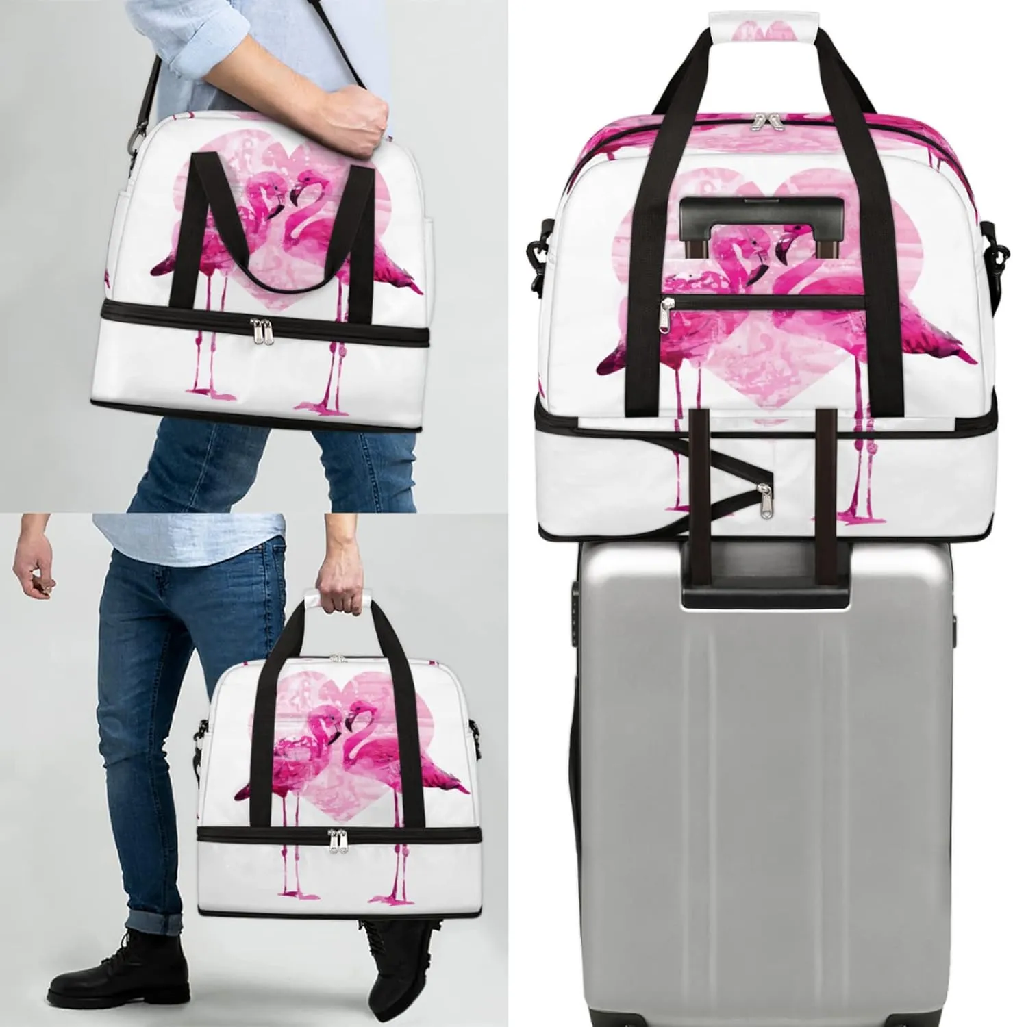 cfpolar Couple Flamingo Foldable Travel Duffel Bag Tote Carry On Luggage Sports Gym Bag With Shoe Compartment For Woman Man Overnight Weekend Yoga Workout Training Handbag