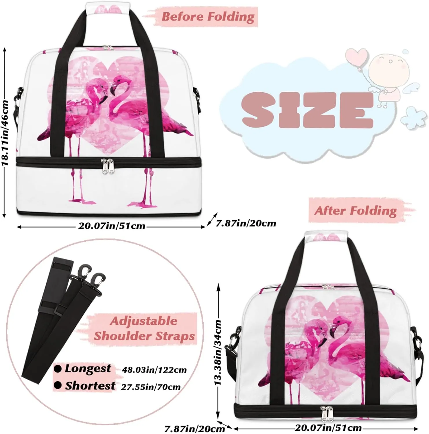 cfpolar Couple Flamingo Foldable Travel Duffel Bag Tote Carry On Luggage Sports Gym Bag With Shoe Compartment For Woman Man Overnight Weekend Yoga Workout Training Handbag