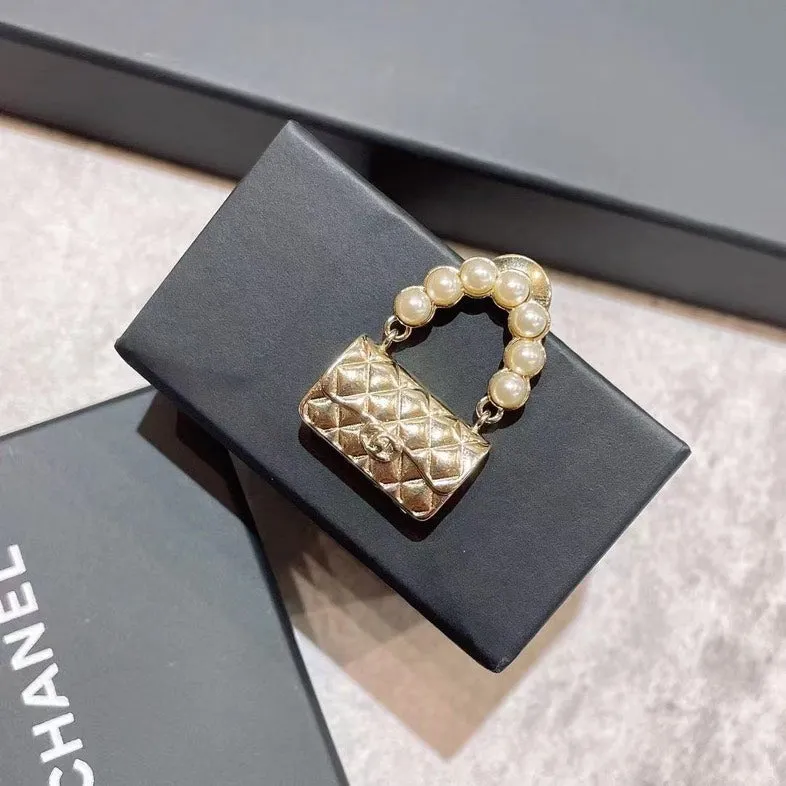 Chanel Gold Quilted Handbag Pearl Handle Pin Brooch