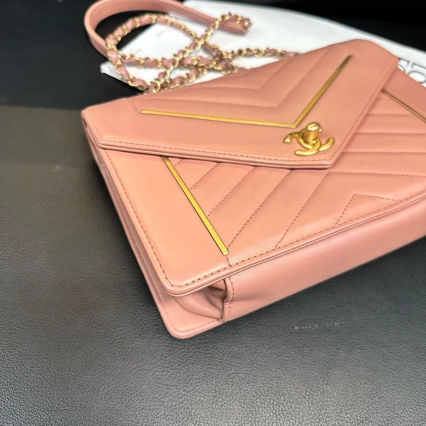 Chanel Pink Sheepskin V-Pattern Envelope Bag