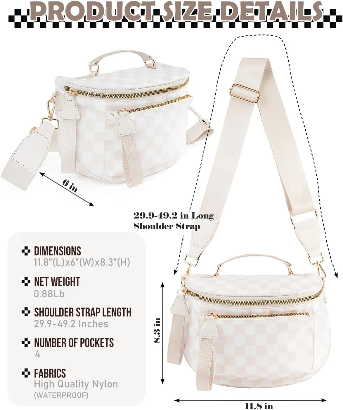 Checkered Crossbody Bag Bum Bag For Women,Spacious Checkered Purse Fanny Packs,Upgraded Version With Carry Handle (Handle Checkered - Beige)