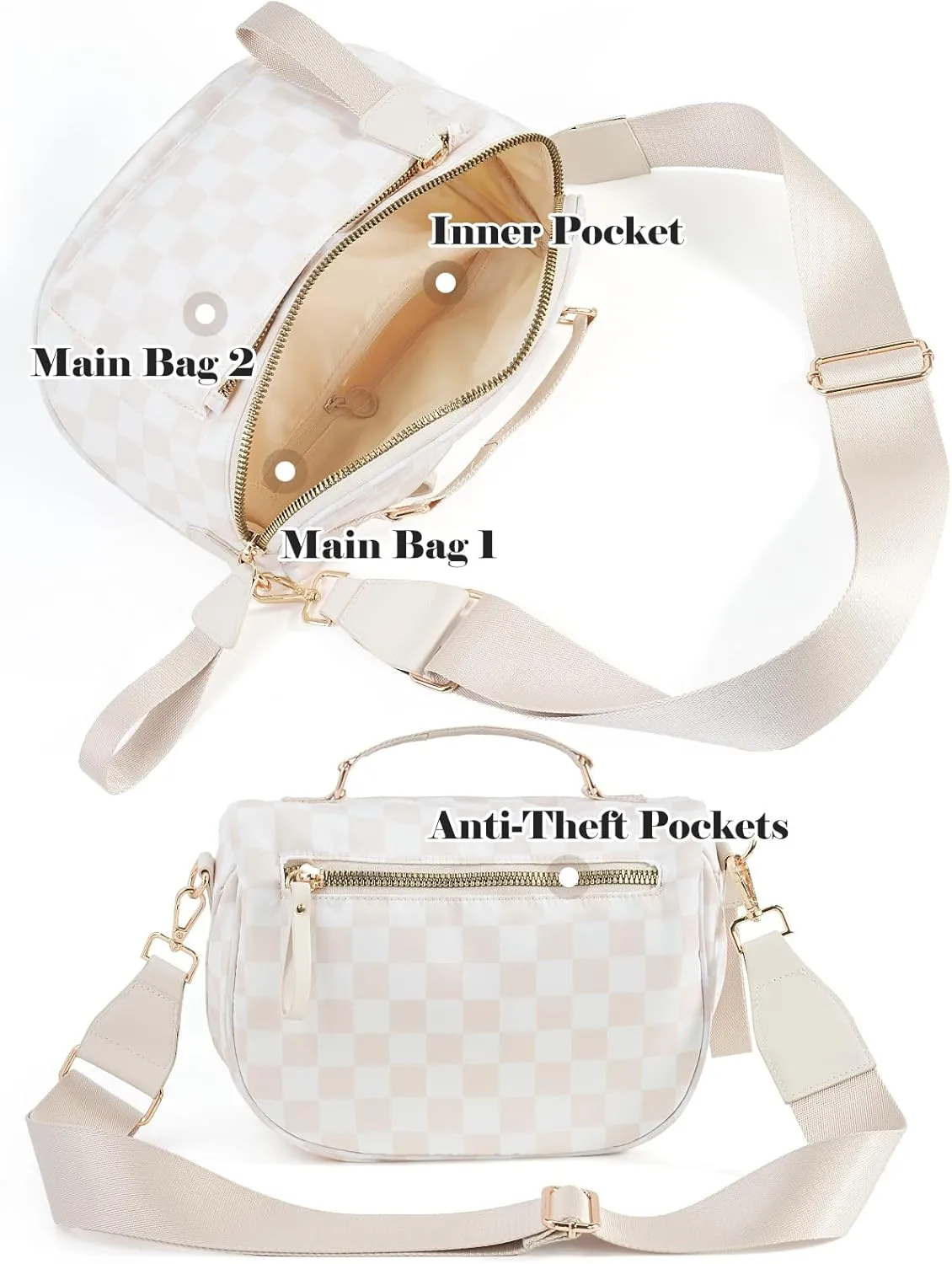 Checkered Crossbody Bag Bum Bag For Women,Spacious Checkered Purse Fanny Packs,Upgraded Version With Carry Handle (Handle Checkered - Beige)