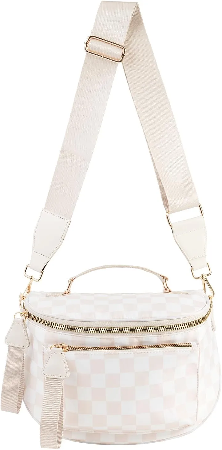 Checkered Crossbody Bag Bum Bag For Women,Spacious Checkered Purse Fanny Packs,Upgraded Version With Carry Handle (Handle Checkered - Beige)