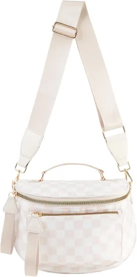 Checkered Crossbody Bag Bum Bag For Women,Spacious Checkered Purse Fanny Packs,Upgraded Version With Carry Handle (Handle Checkered - Beige)
