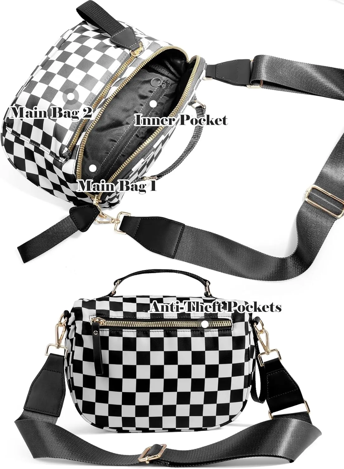 Checkered Crossbody Bag Bum Bag For Women,Spacious Checkered Purse Fanny Packs,Upgraded Version With Carry Handle (Handle Checkered - Black)