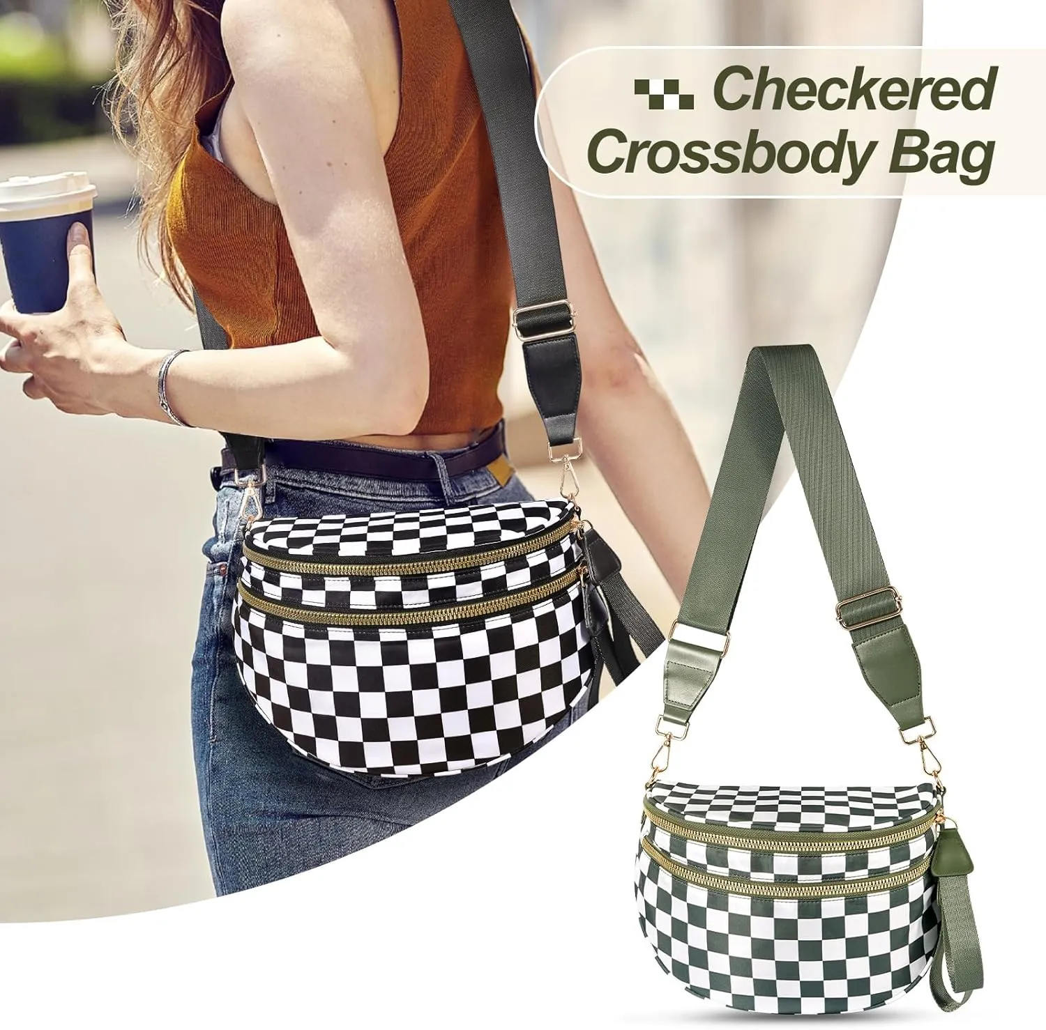 Checkered Crossbody Bag Spacious Nylon Crossbody Bag for Women Black and White Checkered Purse Bum Bags Belt Bags