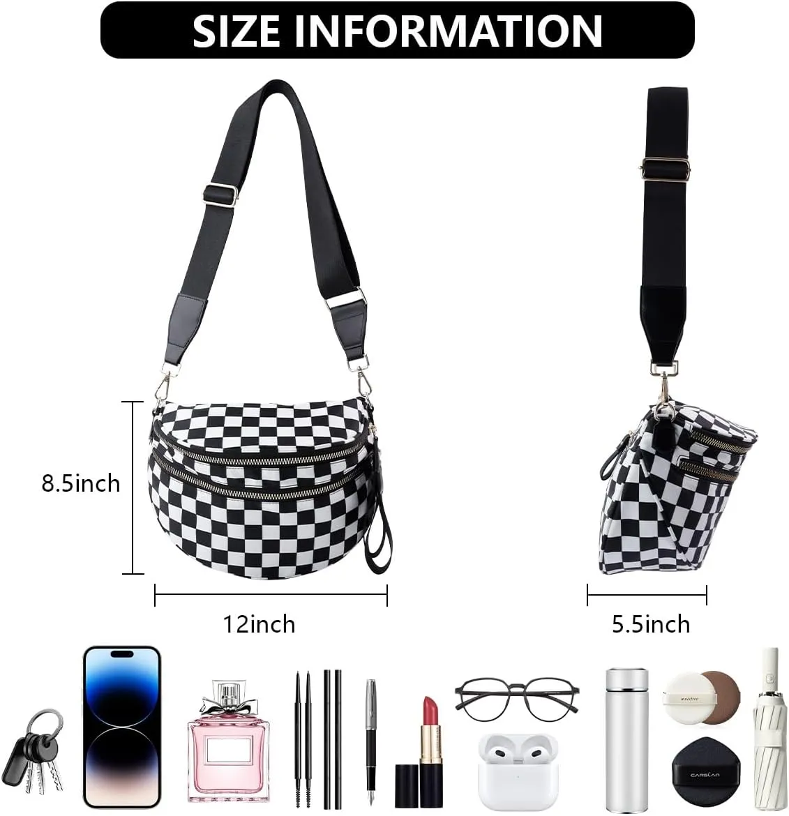 Checkered Crossbody Bag Spacious Nylon Crossbody Bag for Women Black and White Checkered Purse Bum Bags Belt Bags